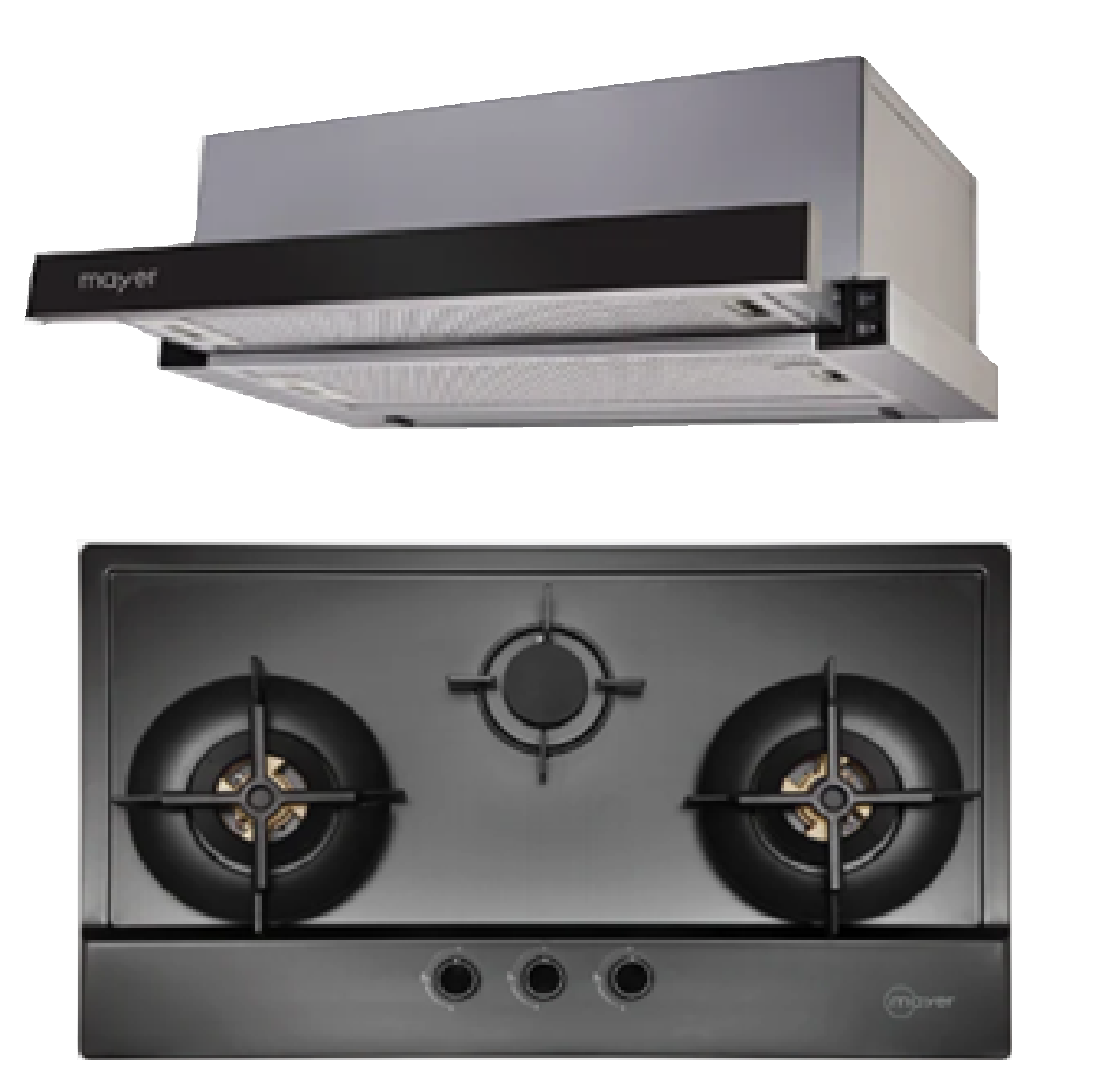 MAYER BUNDLE 90CM Telescopic Hood MMTH90 + 86CM 3 Burner GUN METAL FINISH Gas Hob MMSS8831HI-GM